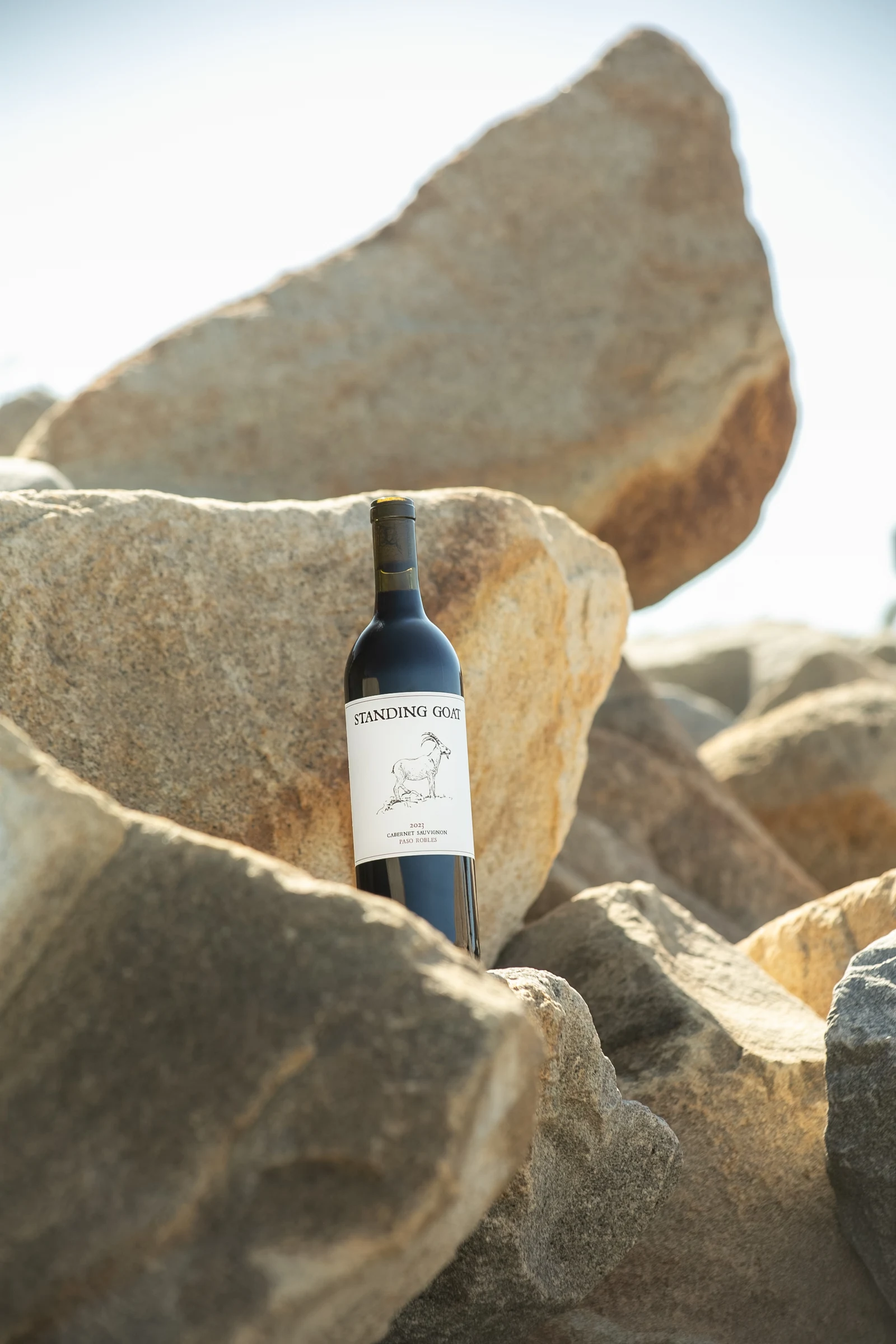 A Standing Goat bottle nestled in California sandstone
